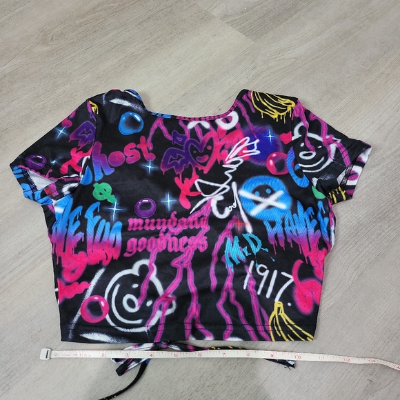 (3/$15) SHEIN crop top graffiti print multicolored short sleeves cross back - Picture 3 of 14